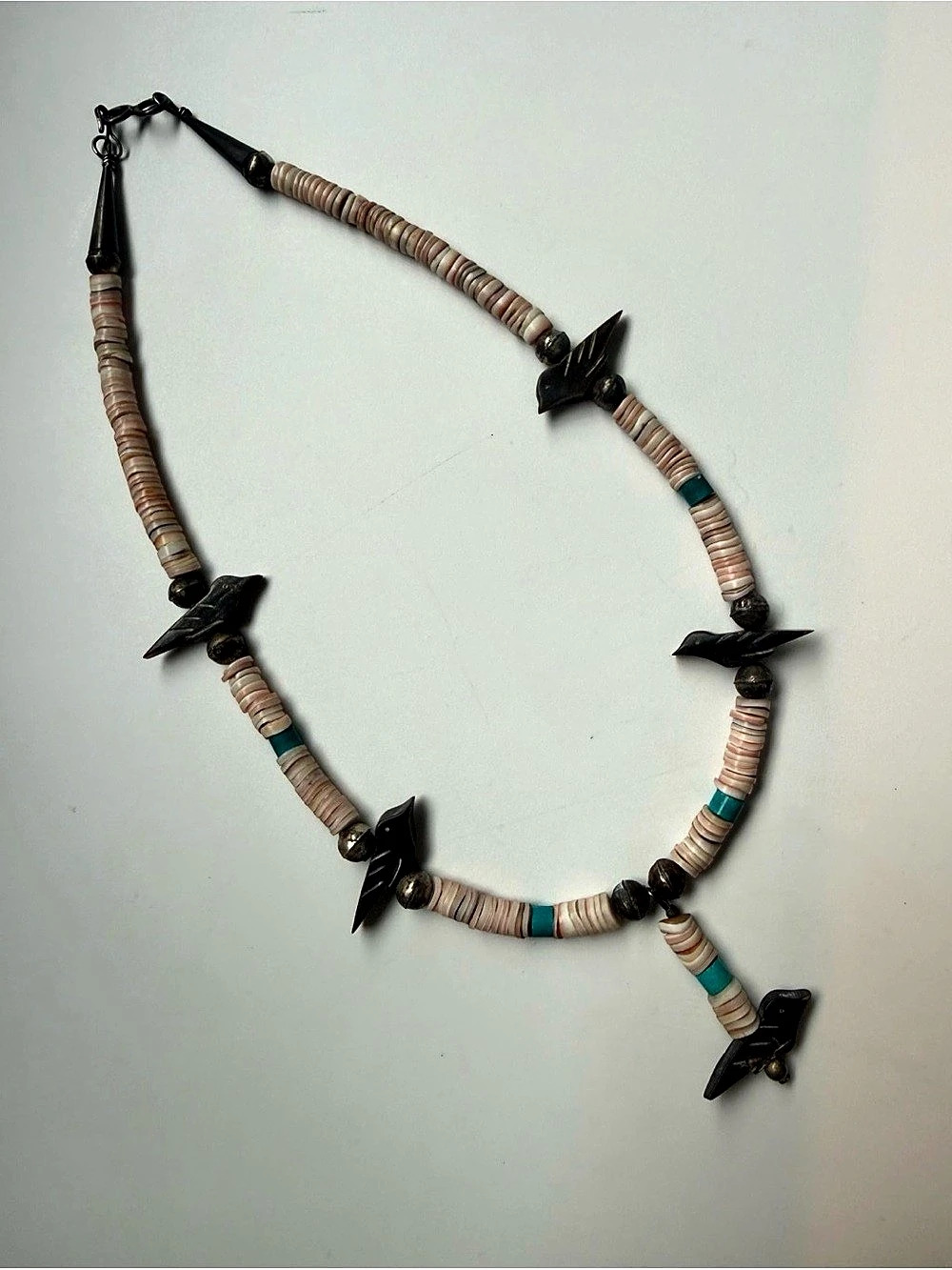 16” Vintage Black Jet Bird Fetish Necklace Shell Heishi Sterling Silver - Picture 1 of 8